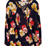 Old Navy Floral Print Lace Up Pintuck Blouse Womens Large Navy Boho Hippie Retro Photo 0