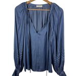 Ramy Brook  Blake Blouse Medium Steel Blue Chevron Pleated Ethereal Peasant Flowy Photo 1