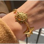 Gold Sun Moon Star Charm Bracelet + Bamboo Bangle Bundle Stainless Steel NWT Photo 5
