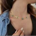 Gold Plated turquoise Herringbone necklace Snake Womens Jewelry Fishbone Photo 0