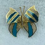 Gold Color Open Stripes Butterfly Jewelry Pin Brooch Two Tone Teal Bluish Colors Photo 13