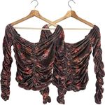 Free People  Reina Floral Velvet Off the Shoulder Top Women's Small Brown Ruched Photo 2