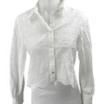 ZARA White Embroidered Eyelet Long Sleeve Collar Button Up Crop Blouse Shirt S Photo 0