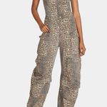 Betsey Johnson L -  Cargo Jumpsuit Denim Léopard Strapless Wide Leg  RARE Photo 0