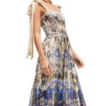 Karen Millen  Placed Border Print Tie Strap Metallic Smocked Midi Dress US 20 Photo 2