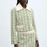 Mango NWT Twiggy Green Cream Black Tweed Blazer Dogtooth White Buttons sz Large Photo 0