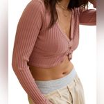 Aerie  Ribbed Crop Cardigan Pink L Long Sleeve Button Frint Casual Top Stretch Photo 3