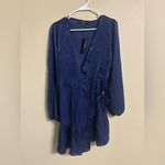 Lulus  So Splendid Navy Blue Satin Long Sleeve Wrap Dress Size Large New Photo 1