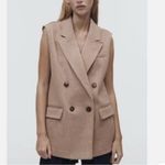 ZARA  Women Soft Double Breasted Collared Camel Two Front Pockets Long Vest Sz S Photo 1
