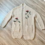 Alya  Floral Chunky Knit Sweater Cardigan Embroidered Flowers in Cream Size S Photo 1