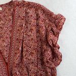 Max Studio L Large Top Blouse Scarlet Red Daisy Floral Ruffled Sleeve Tie Photo 5