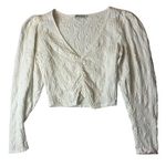 ZARA Women's M White Floral Ruched Waffle Textured Crop Top Blouse Puffy Sleeves Photo 0