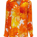 Diane Gilman  100% Silk Floral Sequin Blouse Orange Yellow Print Size Medium Photo 0