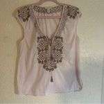 J.Crew  Pale‎ Pink Brown Embroidered Cotton Poplin Boho Top Tie Front MEDIUM Photo 1