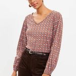 Loft NEW Medallion Pleated V Neck Long Balloon Sleeve Tee Shirt Orange Size S Photo 0