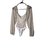 Lulus Ruching Around Town Beige Swiss Dot Long Sleeve Bodysuit Size XS Photo 8