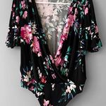EXPRESS  Women's Black Multicolor Floral Print Plunging V-neck Bodysuit Size M Photo 0
