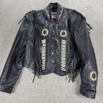 VTG Unik Leather Motorcycle Jacket Womens M Black Fringe Beaded Cropped Snaps Size M Photo 10