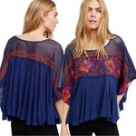 Free People  Bohemian Linen Embroidered Poncho Top Oversized Medium Summer Flowy Photo 7