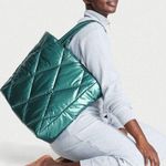 Victoria's Secret Puffer Tote Metallic Teal Green Quilted Bag Blue Green NEW Photo 0
