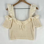 ZARA  Cream Embroidered Ruffle‎ Trim Ribbed Knit Off The Shoulder Crop Top Size L Photo 0
