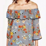 ZARA Off The Shoulder Gingham Floral Ruffle Dress Photo 0