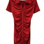 Red Ruched Bodycon Full Button Front Short Sleeve Mini Dress Womens Small Photo 5