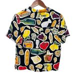 Lisa Says Gah Andie Button Top Women’s Size XS Food Print Cropped Linen Shirt Black Photo 2