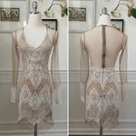 Luxxel White Crochet Lace Nude Mesh Sheath Dress Long Sleeves XS Photo 1