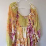 Square Neck Puffy Sleeve Smocked Babydoll Dress Floral Flowy Short Dress S Yellow Photo 2