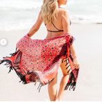Free People Fringe Kimono One Size Open Front Boho Red/Black Beach Cover-Up Photo 1