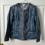 Coldwater Creek  Women’s Denim Embroidered Boho Jacket Hook Closure Size 8P Photo 0