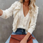 Elan  Josalee Button Front Knit Ruffle Cream Cardigan Sweater Small MSRP $160‎ Photo 0