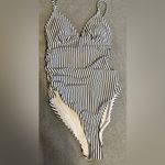 Cupshe NWT  One Piece Swimsuit Tummy Control V white blue vertical stripes size S Photo 3