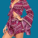 Boutique Bohemian Paisley Tie-Front Bell Sleeve Romper w Cut Out Detailing. Photo 4