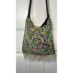 Vintage Boho Beaded Shoulder Bag Multi Color Flower 70's Fringe Festival Bag Black Photo 1