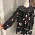 Kate Spade Dawn Dusk Buds Ruffle Top, Size XL Black Sheer Floral Pink Photo 1