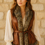 Powder River Outfitters Vest Womens XL Brown Faux Leather/Fur Belted Photo 0