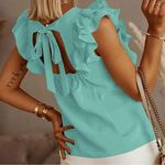 NEW Claudia G Aqua Blue Orchid Ruffle Top Open Bow Tie Back Flutter Sleeves L Size L Photo 1