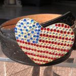 Cache Black Embossed Leather 3" METAL HEART Rhinestones Flag Buckle Belt NWT New Photo 5