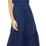J.Crew  Navy Blue Cotton Ruffle Neck Tie Waist Midi Dress Size 10 Photo 0