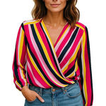 NYGARD Stripe Multicolor Long Sleeve Blouse Red Pink Yellow Size Large Photo 0