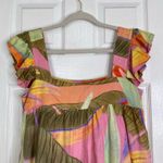 KOURT Seasonal Tropical Bird Of Paradise Print Mini Dress Size XS Linen Summer Green Photo 2