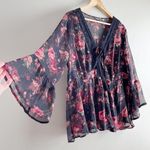 Torrid  Babydoll Chiffon Lurex Crochet Lace-Up Sheer Blouse, Black Red Floral, 1X Photo 9