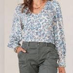 Democracy Long Cuffed Sleeve V-Neck Abstract Teal Multi Printed Knit Top XL Photo 0