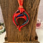 Red Ribbon Multi Strand Necklace Red Blue Gold Swirl Art Glass Photo 1