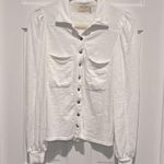 Nation Ltd Desta Top Optic White XS Long Sleeve Puff Shoulder Gold Snap Front Photo 2