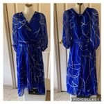 DKNY Size 8 Deep Colbalt Blue Printed Metallic Puff-Sleeve Faux-Wrap Dress Photo 1