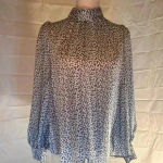 H&M Gray and White Mock Neck Puff Sleeve Blouse Photo 0