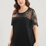 Bloomchic  Floral Mesh Patchwork Ruffle Sleeve Round Neck T-Shirt Black 12 Photo 0